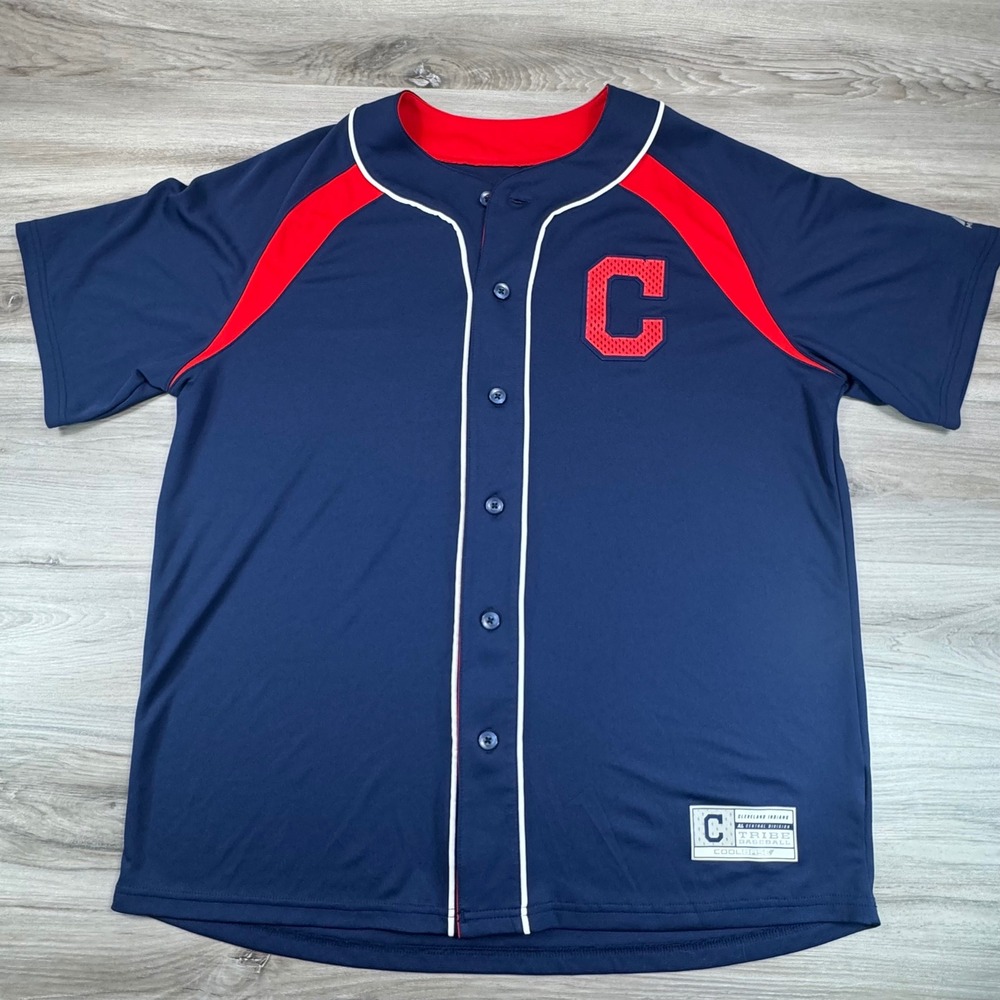 Majestic Cleveland Indians Baseball Jersey Mens Large Navy Blue Cool Base M8FJ